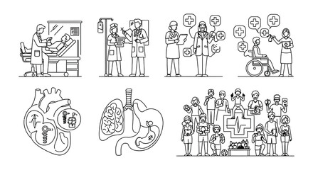 Obraz premium Healthcare professionals attending to patients and medical organ illustrations