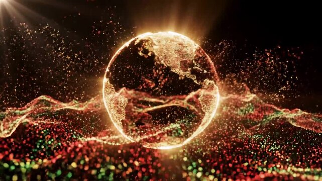 Abstract swirling particle cloud with red and green colors and light rays