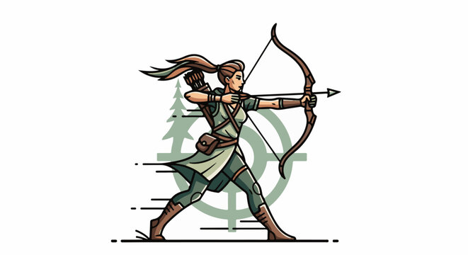 Female archer aims with bow and arrow, a stylized forest backdrop