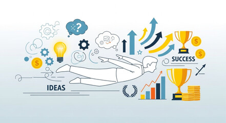 Obraz premium Business success and ideas concept with trophies and charts.