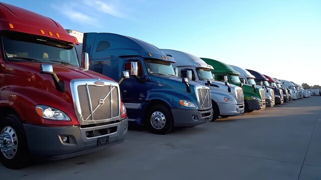 Heavy-duty logistics and commercial transportation, illustrated by a row of colorful semi-trucks parked at a depot under a clear blue sky, representing global supply chain and freight industry.
