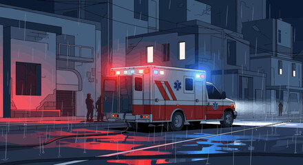 Ambulance with flashing lights in rainy city street at night, emergency response concept. © Sarwanto1122