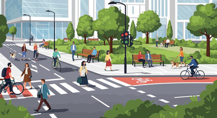 Urban park scene with diverse people enjoying city life, cycling, and walking dogs. © Sarwanto1122