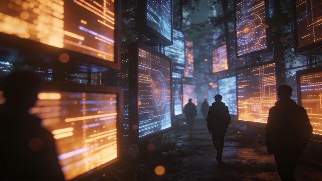 People walking in a digital forest
