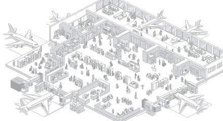 Obraz premium Isometric Airport Terminal with Airplanes, Passengers, and Luggage - Line Art