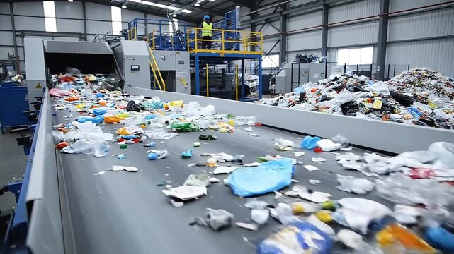 Industrial waste management and automated recycling process, illustrated by a conveyor belt carrying plastic waste in a large sorting facility with workers and machinery.
