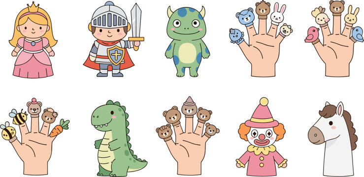 Fairy tale character collection with princess knight dragon unicorn and puppet hands, cute fantasy cartoon set for kids storytelling illustration