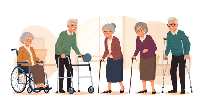 Illustration of diverse elderly people of various ages and abilities, including those using mobility aids, in a warm and inviting setting
