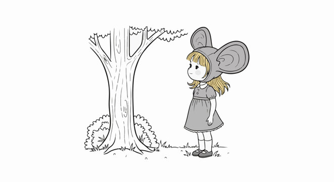 Girl in mouse costume stands by a tree