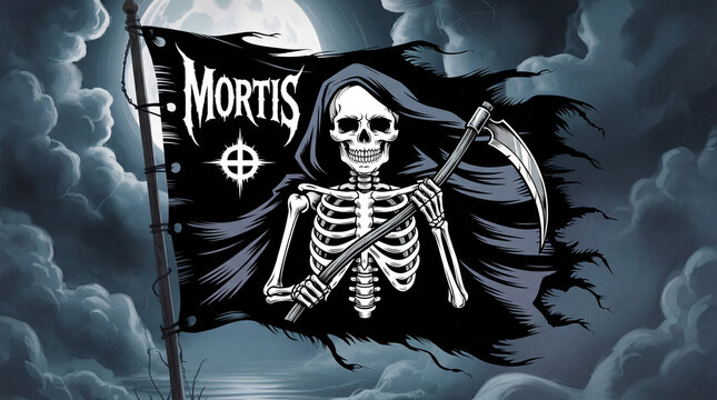 Grim reaper skeleton holding a scythe depicted on a tattered black flag against a cloudy night sky, dark fantasy concept, gothic horror.