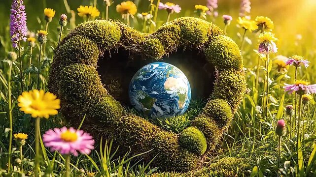 Environmental protection and love for the planet, illustrated by a small Earth globe nestled inside a heart-shaped moss structure surrounded by colorful wildflowers in a sunny meadow.
