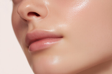 Fototapeta premium close-up of cheek with smooth texture and natural glow, off-white background 