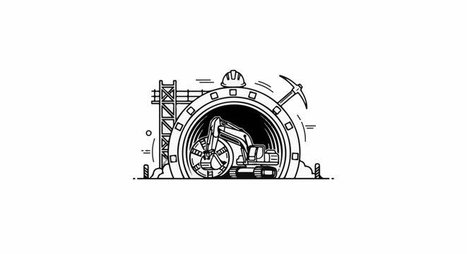 Excavator and pickaxe working on tunnel construction with scaffolding