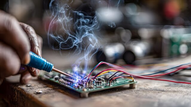 Macro close‑up of a soldering iron tip soldering a tiny SOT‑23 package leg to a green PCB pad.