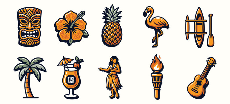 Tropical tiki culture vector icons for summer vacation branding and travel design projects