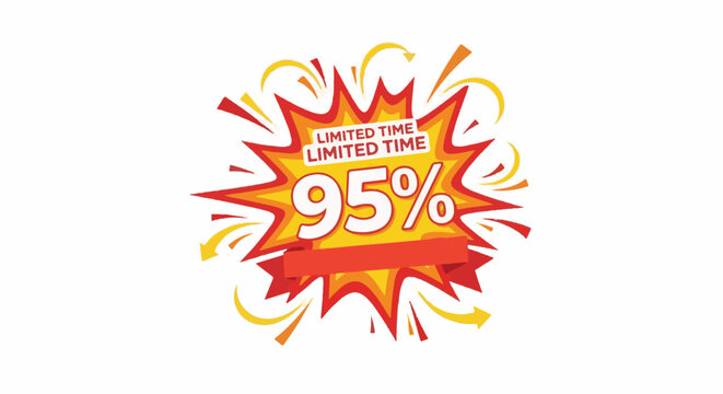 Explosive graphic announcing a 95% limited time sale with red and yellow accents
