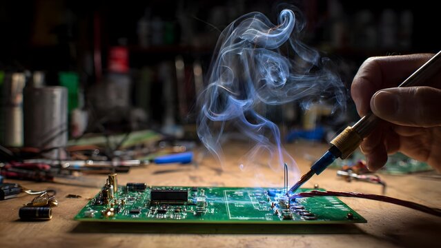 Close-up of a person soldering electrical wires on a table, with a sleek blue soldering iron to join several colored cables with precision