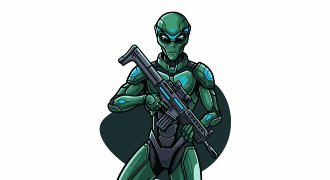 Green alien in futuristic armor holds advanced weapon