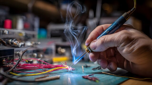 Soft-focus close-up of a young woman soldering colorful wires on a small table in a cozy home workshop, the blue soldering iron held delicately