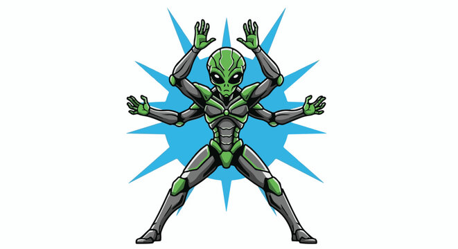 Green extraterrestrial creature with multiple arms and cybernetic implants