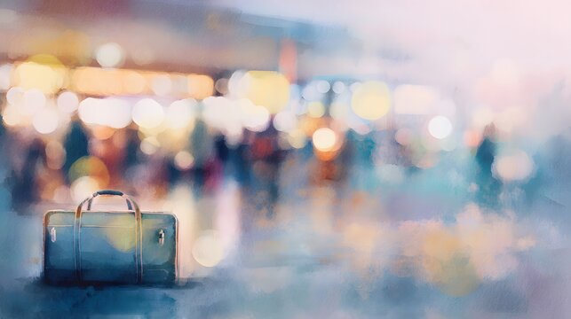 Awaiting Journey Watercolor Suitcase at Airport Terminal Evokes Calm Travel Anticipation and Gentle Light
