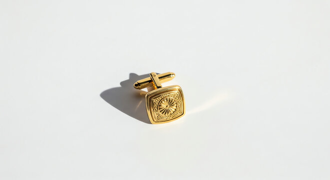 Gold cufflink with intricate design on white background  