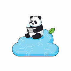 Fototapeta premium A panda bear sitting on a cloud eating a bowl of food with a green leaf