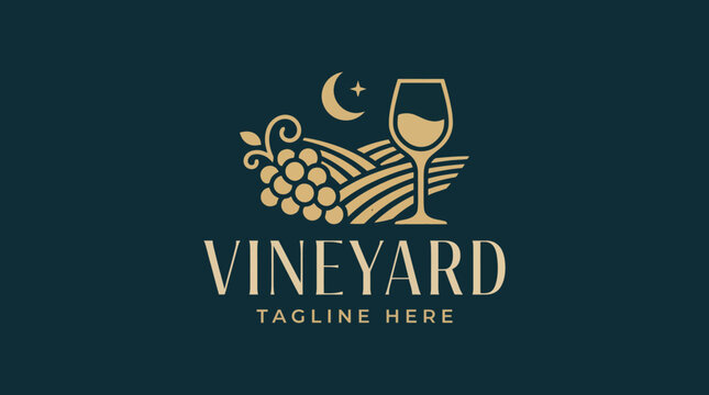 A classic and elegant logo design featuring grapes and a glass of wine under the moonlight, representing the charm of vineyards and wine culture.
