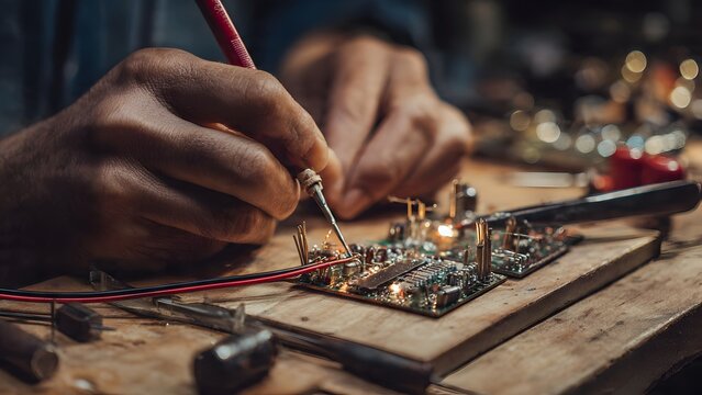 Extreme macro of a soldering iron tip soldering a tiny header pin to a green PCB pad with solder wire feeding into the joint under cinematic lighting.