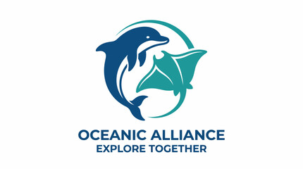 Fototapeta premium Oceanic Alliance logo artfully depicts a dolphin and manta ray together in harmony, emphasizing exploration, cooperation, and the wonders of marine life on the planet.