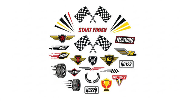 Checkered racing flag collection with motorsport logos stripes and race graphics