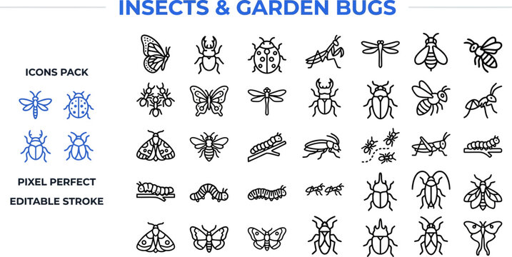 Garden insects bugs pest control outline vector icon set