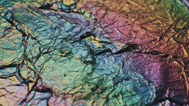Iridescent Abstract Texture Extreme Close-Up of Crinkled Foil Reflecting Vibrant Rainbow Colors
