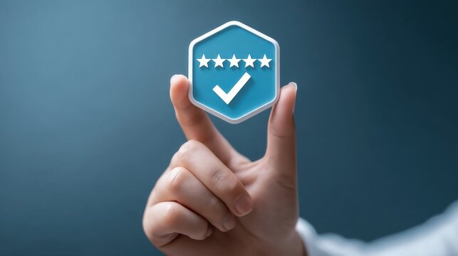 Person Holding a Virtual Badge with Stars and Checkmark Symbol in Professional Environment