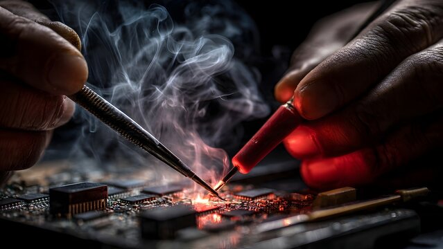 Extreme macro of a soldering iron tip soldering a tiny inductor lead to a green PCB pad with solder wire feeding into the joint under cinematic lighting.
