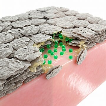 Scientific 3D Render of Skin Repair with Green Microcapsules on a White Background