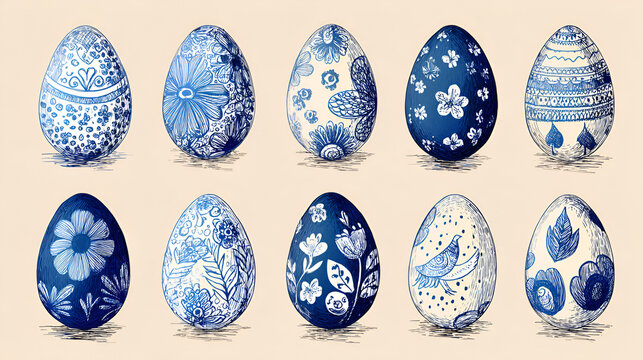 Hand drawn sketch style Easter egg collection with decorative patterns and floral ornaments. Happy easter doodle ink crayon set with texture. Vector illustration isolated on background. Stock Vector