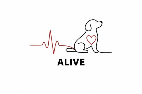 Cute dog with heartbeat line symbolizing pet health and vitality in flat design illustration