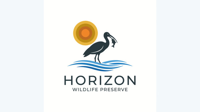 A nature-inspired logo depicting a pelican amidst waves and a sun, symbolizing wildlife conservation and environmental protection, suitable for reserves or nature-related branding.