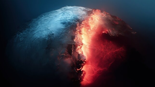 A digital illustration of a planet split between icy blue and molten red, symbolizing extreme cold and heat or contrasting environmental conditions.