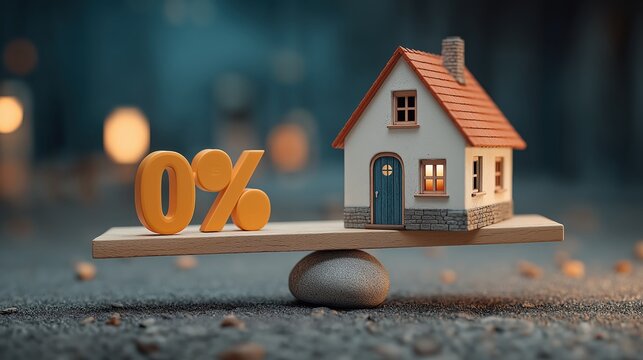 A miniature house and a "0%" sign balance on a seesaw, symbolizing zero percent interest or mortgage rates.