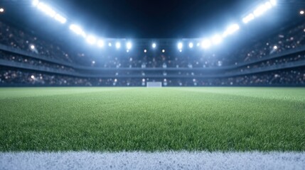 Naklejka premium Lush Green Grass on a Sports Field Surrounded by Bright Stadium Lights at Night for an Engaging Athletic Experience