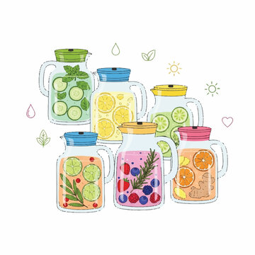 Colorful illustration of six pitchers filled with refreshing summer drinks and fruits on a clean surface