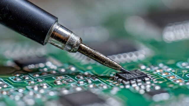Macro of a soldering iron tip touching a via on a multilayer green PCB with solder wire feeding into the heated via in a high‑precision electronics lab.