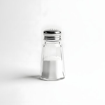 Close-up of a transparent glass salt shaker filled with white salt on a white background.