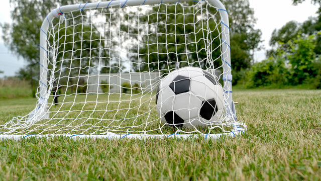 Football rests in a small goal