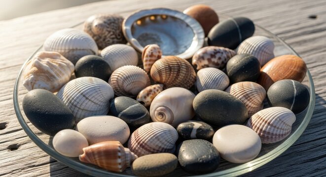 A Textured Collection of Smooth Natural Seashells and Polished Stones Gathered from the Shore