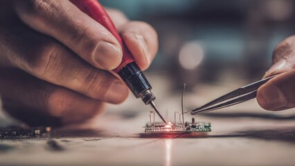Obraz premium Macro close‑up of a soldering iron tip soldering a tiny sensor lead to a green PCB pad with solder wire feeding into the joint in a precision electronics lab.