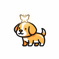 Fototapeta premium A cute cartoon dog plays with a butterfly outdoors in nature.