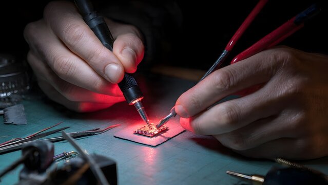 Soft‑diffused close‑up of hands precision soldering micro nodes with a red‑handled soldering iron and thin tweezers on an old wooden desk